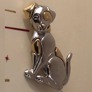Vintage Shiny Gold & Silver Toned Signed Liz Claiborne Dog Brooch